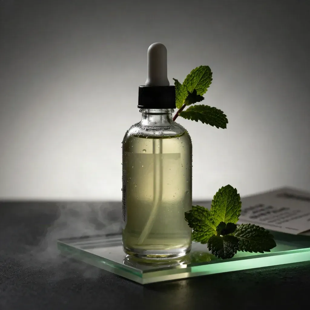 Condensation-beaded mint tincture bottle with mint sprig on a clear tray, lit dramatically