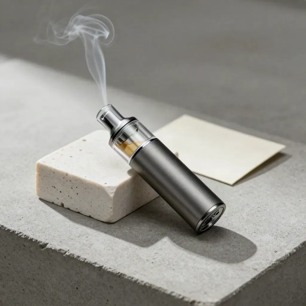 Upright vape cartridge beside a pale stone block with a glass cap and a ribbon of vapor