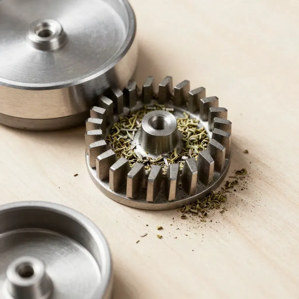 Overhead macro of steel grinder parts, herb flakes, and brushed lid on pale wood
